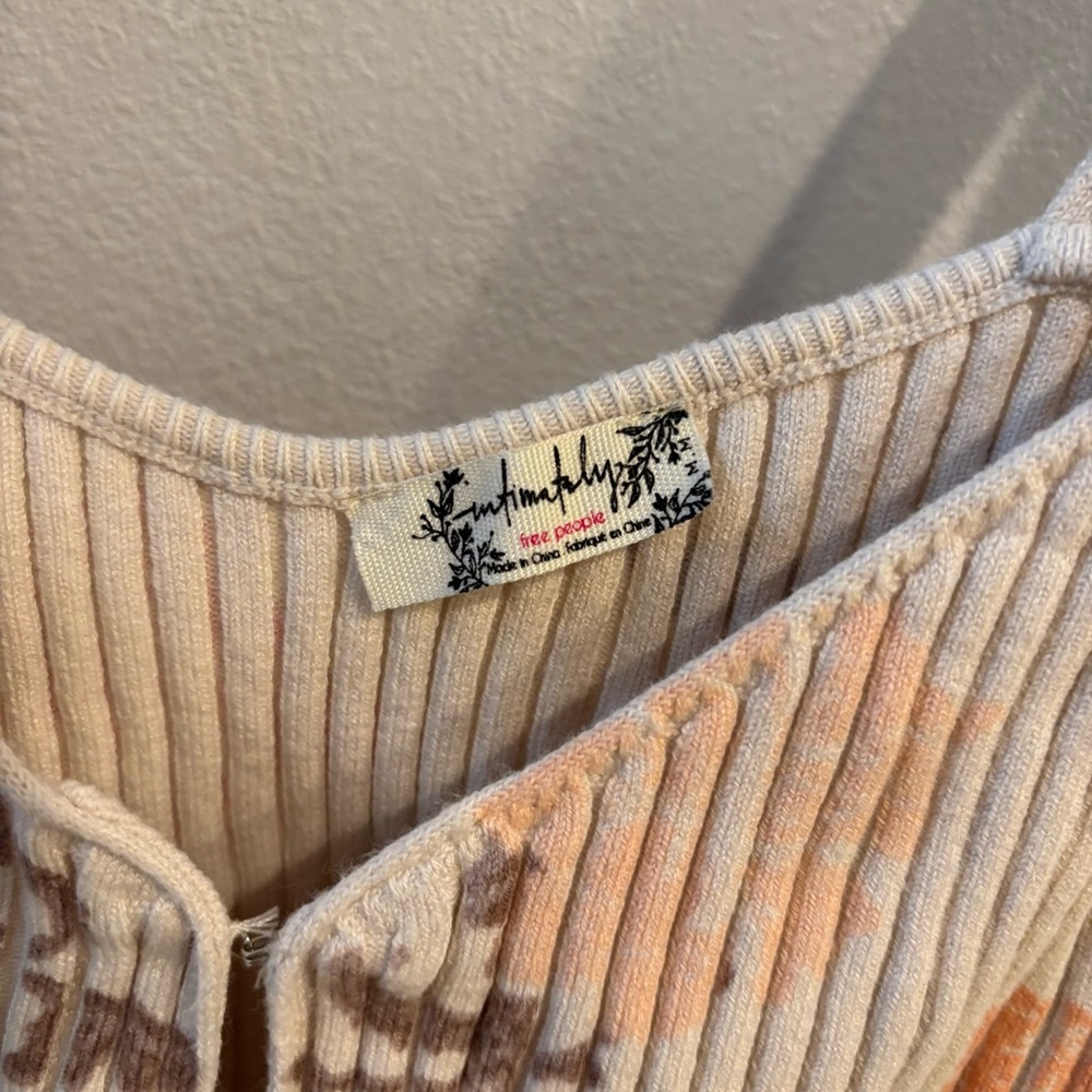 Free People Cream Ribbed Floral Cropped Camisole with Orange & Brown Flowers - Picture 2 of 5
